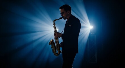 Fototapeta premium silhouette of a man playing saxophone on stage in front of spotlights, stylish and cool look 