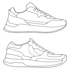 set of outline Cool Sneakers. Shoes sneaker outline drawing vector, Sneakers drawn in a sketch style, sneaker trainers template outline, Set Collection. vector Illustration.