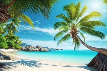 Palm tree on a tropical beach with white sand and turquoise water.