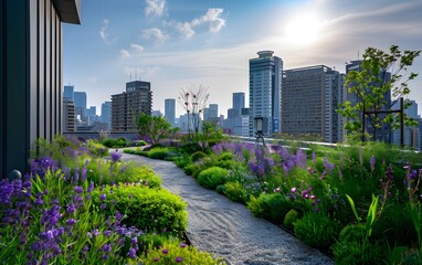Fototapeta premium Rooftop Vertical Gardens, Plants absorb pollutants and produce oxygen, improving the air quality, Noise Reduction, Biodiversity
