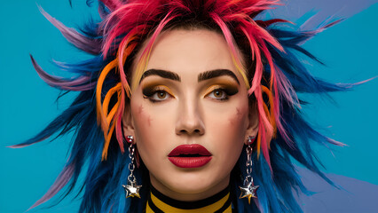 Fototapeta premium face closeup fashion woman colorful, the bold eclectic fashion styles of the Y2K era. dressed in the latest fashion trends of the time, including chunky shoes, low-rise pants
