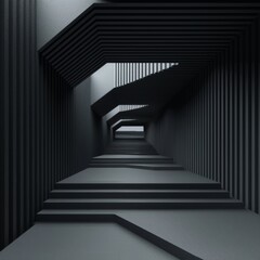 Fototapeta premium Abstract architectural space featuring geometric lines and shadows in a minimalistic black and gray color palette.