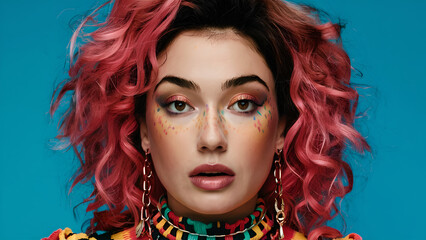 Fototapeta premium face closeup fashion woman colorful, the bold eclectic fashion styles of the Y2K era. dressed in the latest fashion trends of the time, including chunky shoes, low-rise pants