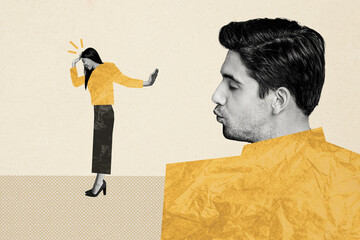 Composite photo collage of man send air kiss affection refection girl separation stop sign refusal...