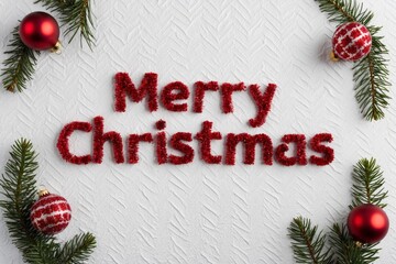 Word merry christmas written on a white background, with christmas balls and small pine branches on the edges, concept of celebration and christmas.