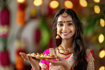Indian woman holding puja thali, celebrating lord ganesha festival.