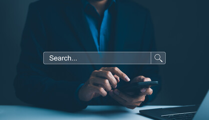 Data search technology concept. SEO Search Engine Optimization, Businessman use smartphone with search bar overlay, search engine optimization and digital marketing. Finding data, find job, job search