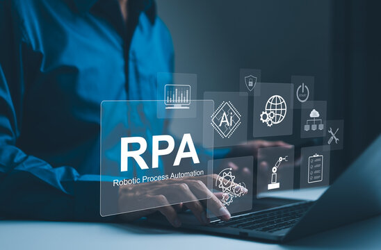 RPA, Robotic Process Automation Technology Concept. Businessman working on laptop with digital icons represent robotic process automation and AI, illustrating modern innovation and automation tech.