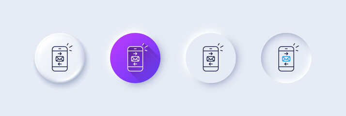 Mail line icon. Neumorphic, Purple gradient, 3d pin buttons. Smartphone communication symbol. Business chat sign. Line icons. Neumorphic buttons with outline signs. Vector