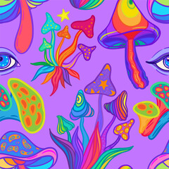 Fototapeta premium Magic mushrooms mandala seamless pattern. Psychedelic hallucination. Vibrant trippy vector illustration. 60s hippie colorful art. Hand drawn design in ethnic Indian style. Mystic abstract yoga mat