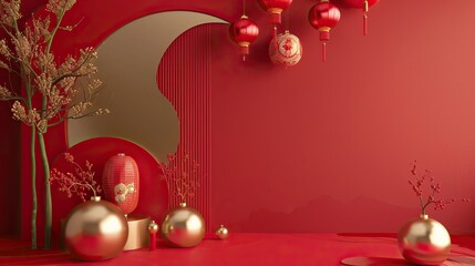 Festive background Happy New Year in Asian style. Happy Chinese New Year banner background template. Decoration with traditional festival lanterns on a red background.