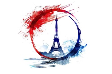 Eiffel Tower logo design, circular frame made of colorful brush strokes, white background, vector illustration style, flat color scheme, Eiffel tower logo design with red and blue colors