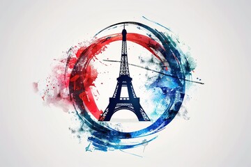 Eiffel Tower logo design, circular frame made of colorful brush strokes, white background, vector illustration style, flat color scheme, Eiffel tower logo design with red and blue colors
