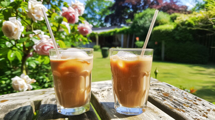 Two glasses of iced coffee in the garden, blooming roses and lush greenery, drink recipe idea for a hot summer day