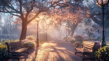 A serene park pathway at sunrise, blue sky, two wooden benches facing, ornate streetlamps, brick paved walkway, blooming trees, panoramic view, golden morning light.
