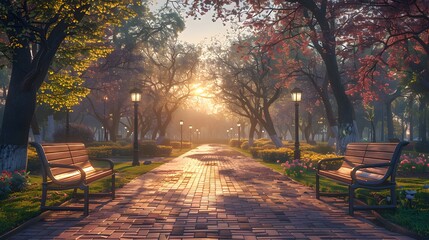 Naklejka premium A serene park pathway at sunrise, blue sky, two wooden benches facing, ornate streetlamps, brick paved walkway, blooming trees, panoramic view, golden morning light.