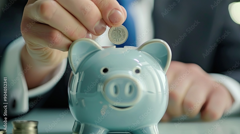 Poster close-up of a young businessman's hands inserting a coin into a piggy bank, demonstrating a commitme