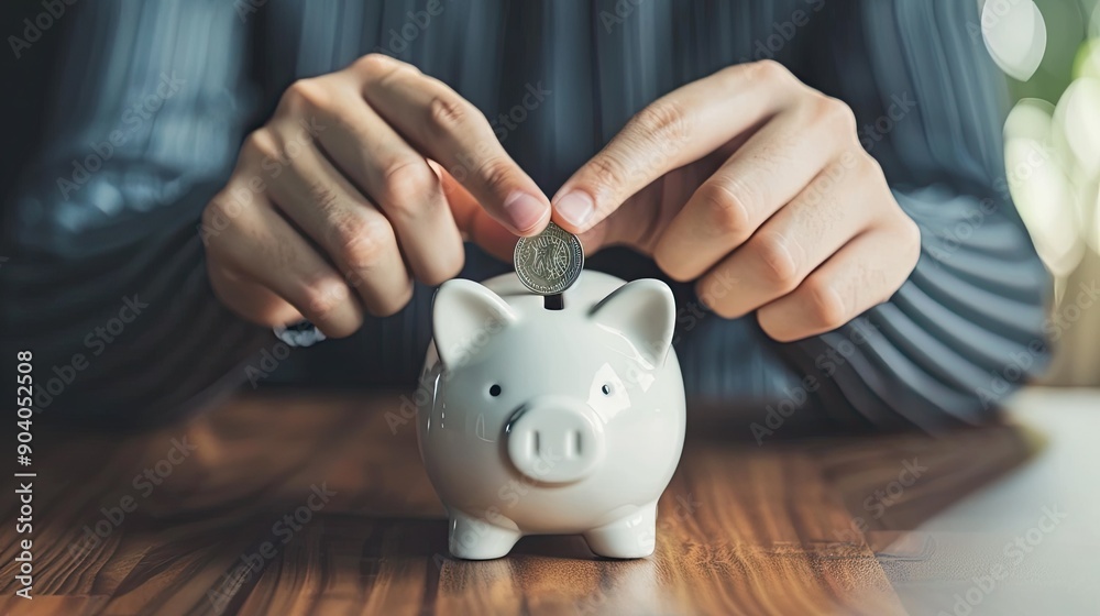 Poster close-up of a young businessman's hands inserting a coin into a piggy bank, demonstrating a commitme