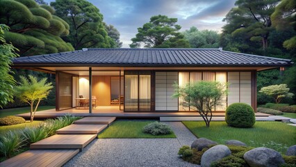 Fototapeta premium Modern minimalist Japanese single-story home with sleek tiled roof, sliding glass doors, and lush greenery in serene surroundings.