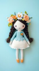 Fototapeta premium Crochet girl doll with a sunflower dress, vivid details, warm and inviting, handcrafted charm