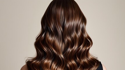 Fototapeta premium Back view of woman's head, long wavy brown hair, soft curls, hair styling, smooth texture, glossy finish, beauty photography, white background, studio lighting.