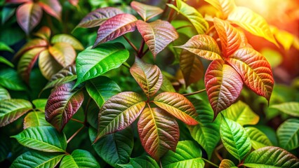 Vibrant green leaves and reddish stems of toxic poison ivy plant thrive in warm sunlight surrounded by lush summer foliage.