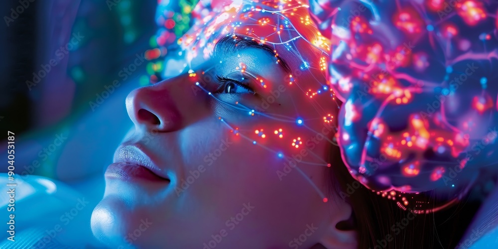 Poster a patient undergoing a brain pet scan overlaid with neurotransmitter maps, showcasing neurological d