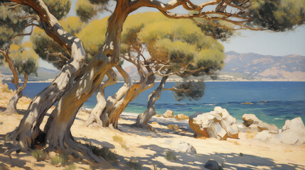 Fototapeta premium Sunlit coastal landscape with olive trees and blue waters