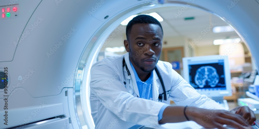 Poster a technician adjusting settings on a ct scanner, illustrating diagnostic imaging technology in emerg