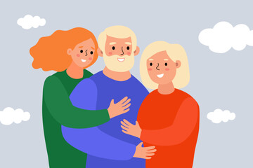 Fototapeta premium Family Embrace With Smiling Adults Against a Light Gray Background
