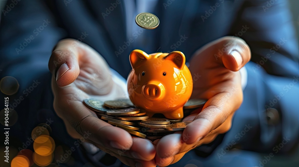 Poster he hands of a young businessman with a coin in one hand and a piggy bank in the other, ready to make