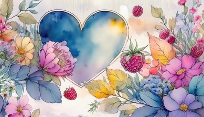 watercolor floral background with flowers and raspberries and love in vintage style