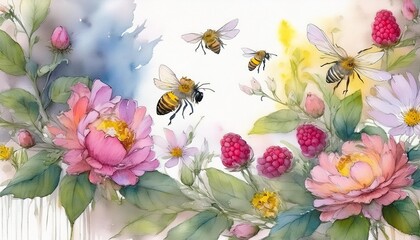 Obraz premium watercolor floral background with flowers and raspberries and bees in vintage style