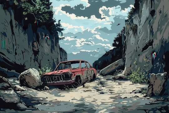 Abandoned car in a forgotten canyon overgrown by nature