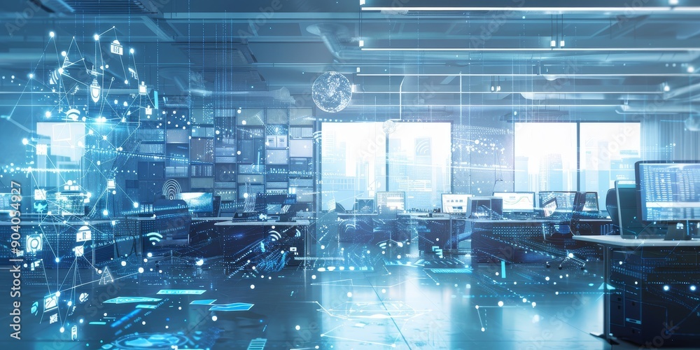 Aufkleber a digital transformation journey illustrated by old and new technology merging seamlessly in an offi