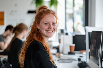 Happy Office Workers Smiling and Collaborating