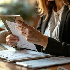 Fototapeta premium A woman reviewing health insurance documents on a tablet at her desk. 