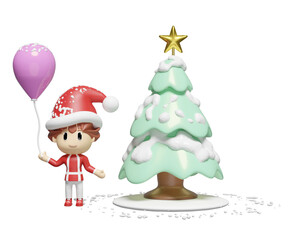 3d santa girl holding balloons with green christmas tree isolated. merry christmas and happy new year, 3d render illustration