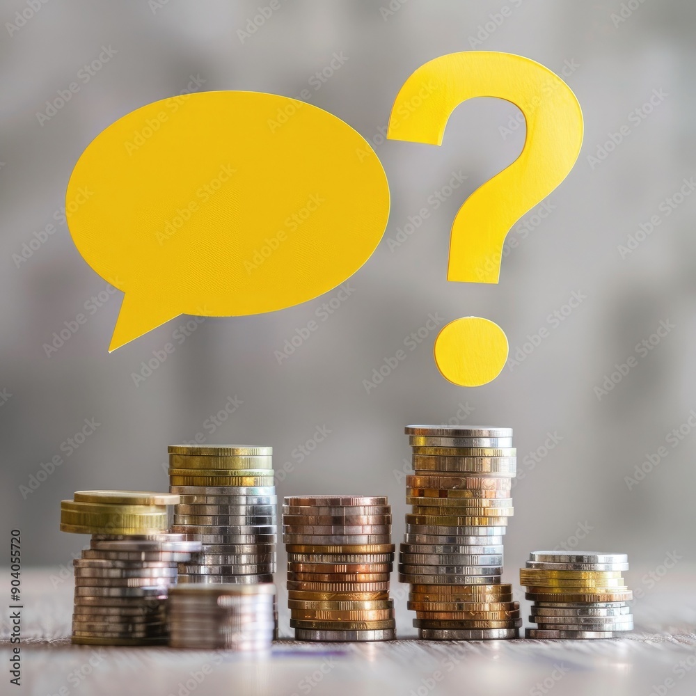 Aufkleber A yellow speech bubble with a question mark balancing on multiple stacks of coins. 