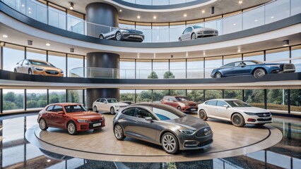 Fototapeta premium The car is in a beautiful light in an expensive car interior, showroom, multi-layered, rounded, neo-plasticism, beautiful environment, warm lighting. Exhibition hall