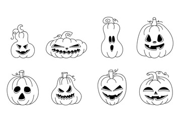 Halloween pumpkin set on white background. Hand-drawn Doodle Pumpkin Lantern for Halloween Decoration
