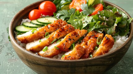 Japanese rice bowl, crispy fried chicken katsu, sliced cucumbers, cherry tomato, shredded lettuce, steamed white rice, wooden bowl, light green background.