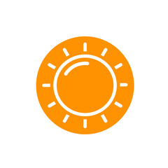 Sun icon in orange color. Solar pictogram in a circle. Can be used as an emblem, logo template. For web design, mobile interface. Hot sunny weather symbol, tropical climate. Vector isolated on white