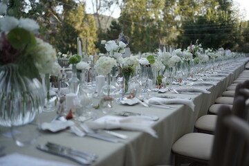 Elegant Outdoor Table Setting with Long Table and Floral Accents