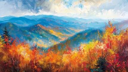 A stunning autumn landscape showcasing vibrant, colorful leaves in the foreground with rolling hills and mountains in the distance under a partly cloudy sky.