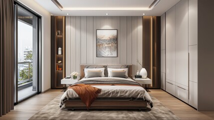 This image showcases a modern bedroom interior featuring a spacious bed, sleek furniture, and ample natural light streaming in through the large window, creating a serene atmosphere.