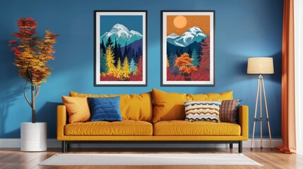 Colorful and cozy living room featuring a bright yellow couch, vibrant mountain art prints on a blue wall, a stylish lamp, and a potted plant enhancing the overall decor.