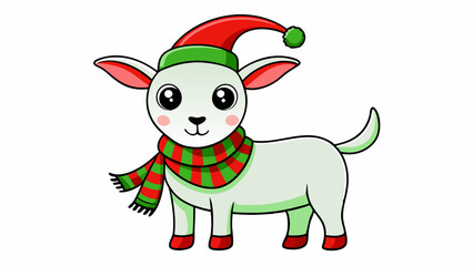 Vector Line Art of Christmas Cute Goat with Santa Claus Hat and Scarf on White Background