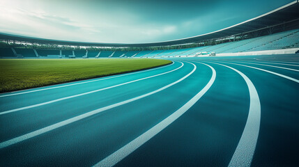 High Angle View of a Run at the School Stadium with a Simple Background in Light Blue, White, and Green. Minimalist Design Captured in Ultra Resolution, Emphasizing Clean Lines and Vibrant Colors