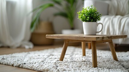 Fototapeta premium Minimalist living room, wooden coffee table with angled legs, white ceramic mug, white plant pot with small green plant, white textured carpet with geometric pattern.
